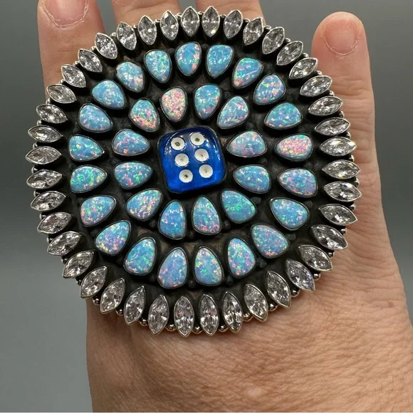 ‼️ MASSIVE ‼️ CZ Blue Opal Dice 🎲 Sterling Silver 925 Handmade Ring Southwestern - Picture 3 of 13